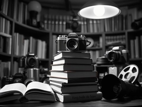 An image of vintage cameras, books, and film reels on a table, representing the mass production of culture as critiqued by Adorno and Horkheimer.